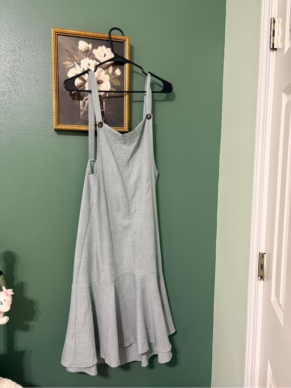 easel Sage Green Midi Pinafore Dress with Ruffle Flounce
